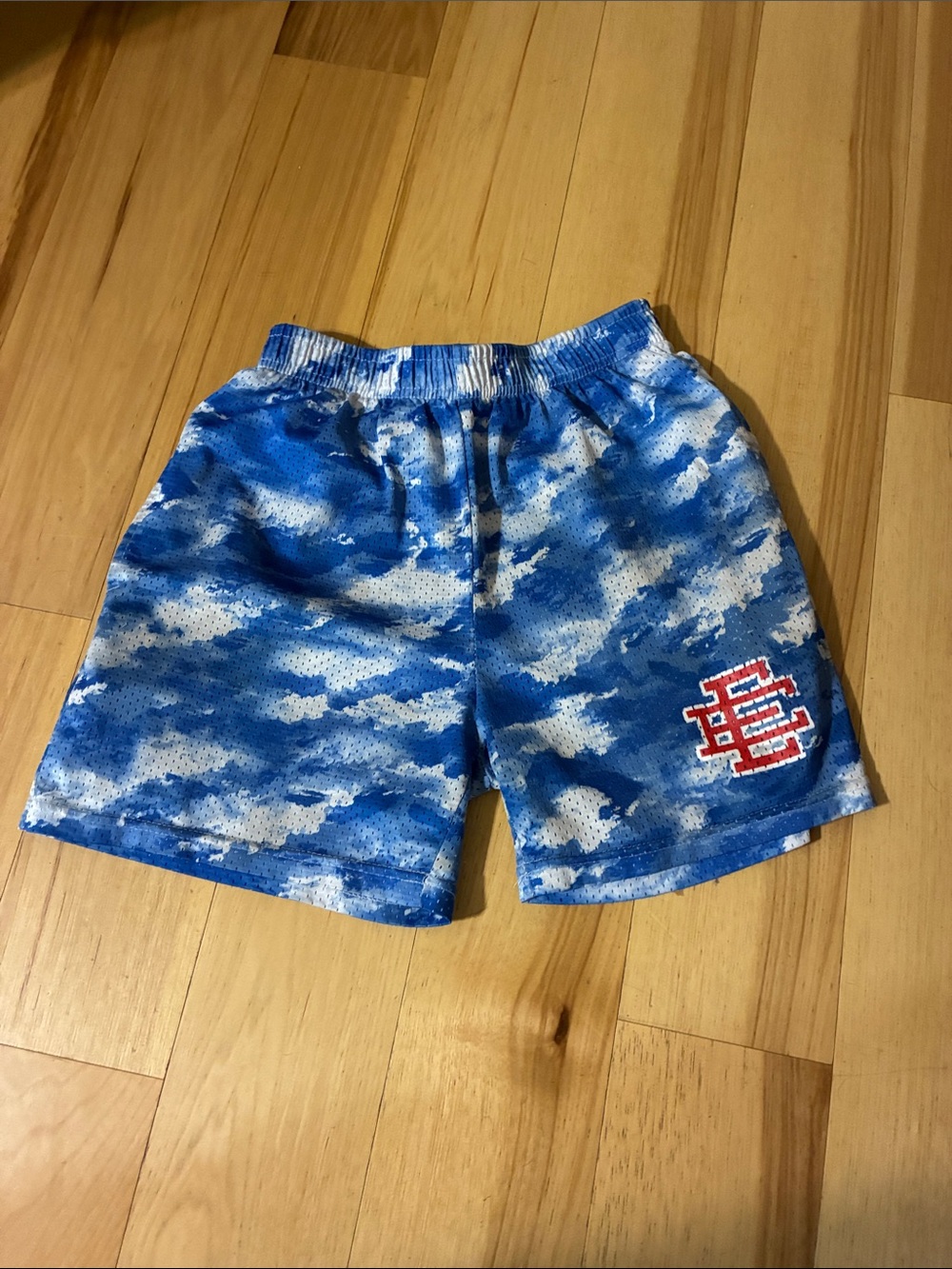 Eric Emanuel Blue Camouflage Mesh Shorts with Red Logo